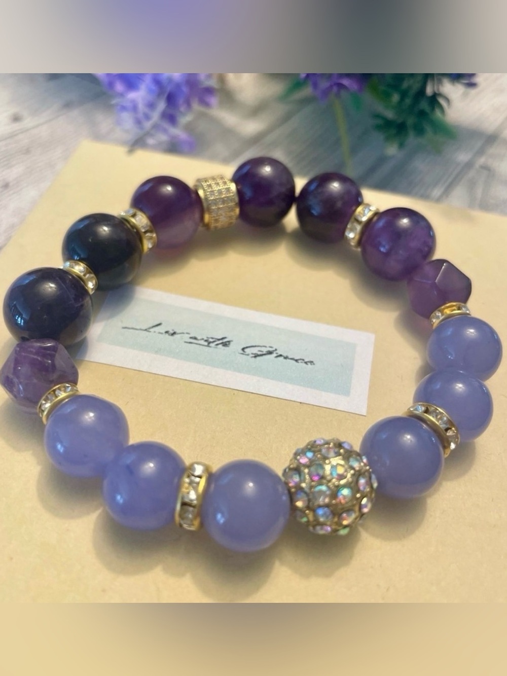Purple Amethyst 12 mm with Lavender Quartz and Gold and CZ accents, stretch, gem
